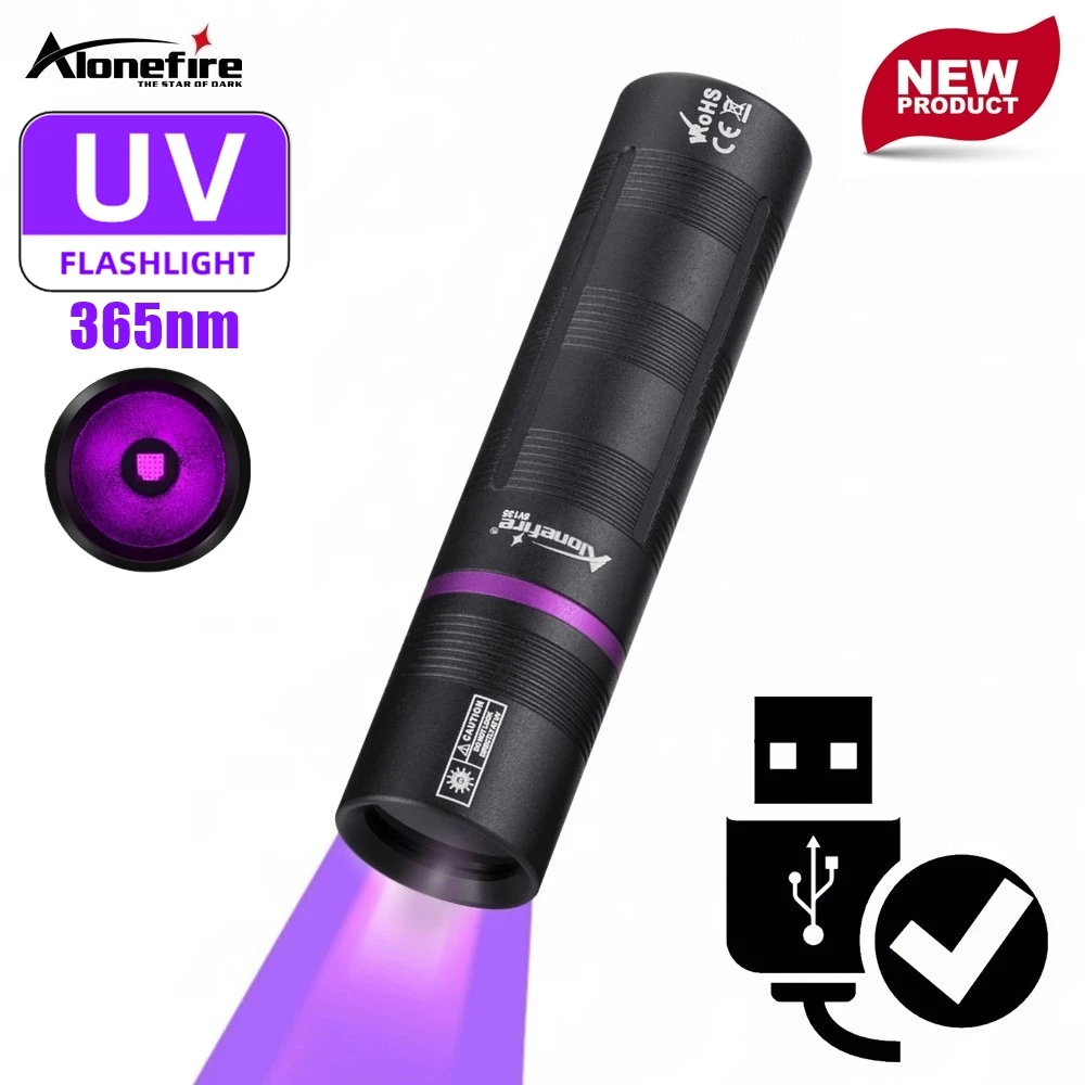 365nm UV Blacklight Flashlight USB Rechargeable Powerful Mini Ultraviolet Glue Lamp Pet Urine Tinea Stain Money Ore Marker Torch