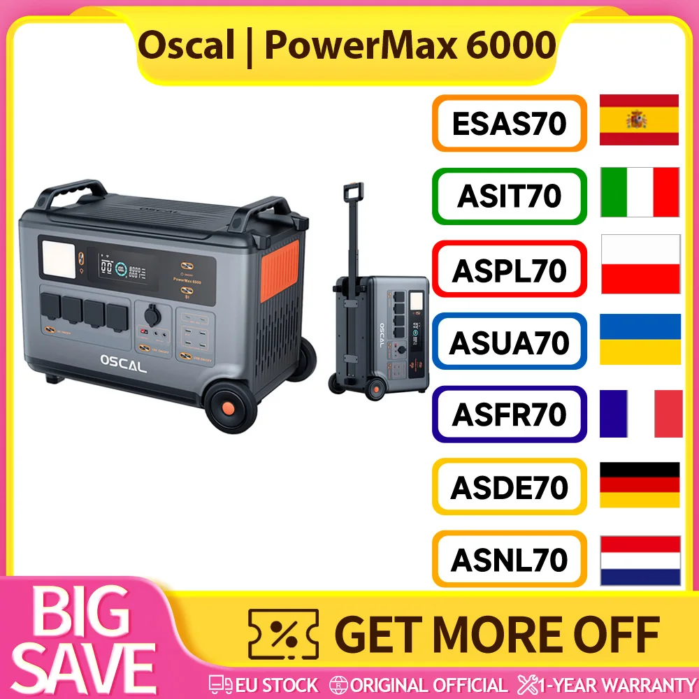 Estación de energía robusta Oscal PowerMax6000 de 6000 W, batería LiFePO4 de 3600 Wh a 57600 Wh, 14 salidas, salida de voltaje dual de 120 V/240 V, círculo de vida más de 3500, control de aplicaciones inteligentes, 5 modos de luz LED, señal de código Morse, sistema de movilidad y gestión mejorado
