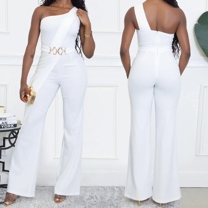Casual dames jumpsuit 2025, mode, één schouder, mouwloos, metalen riem, decor, overall, hoge taille, wijde pijpen, sexy feestromper, nieuw