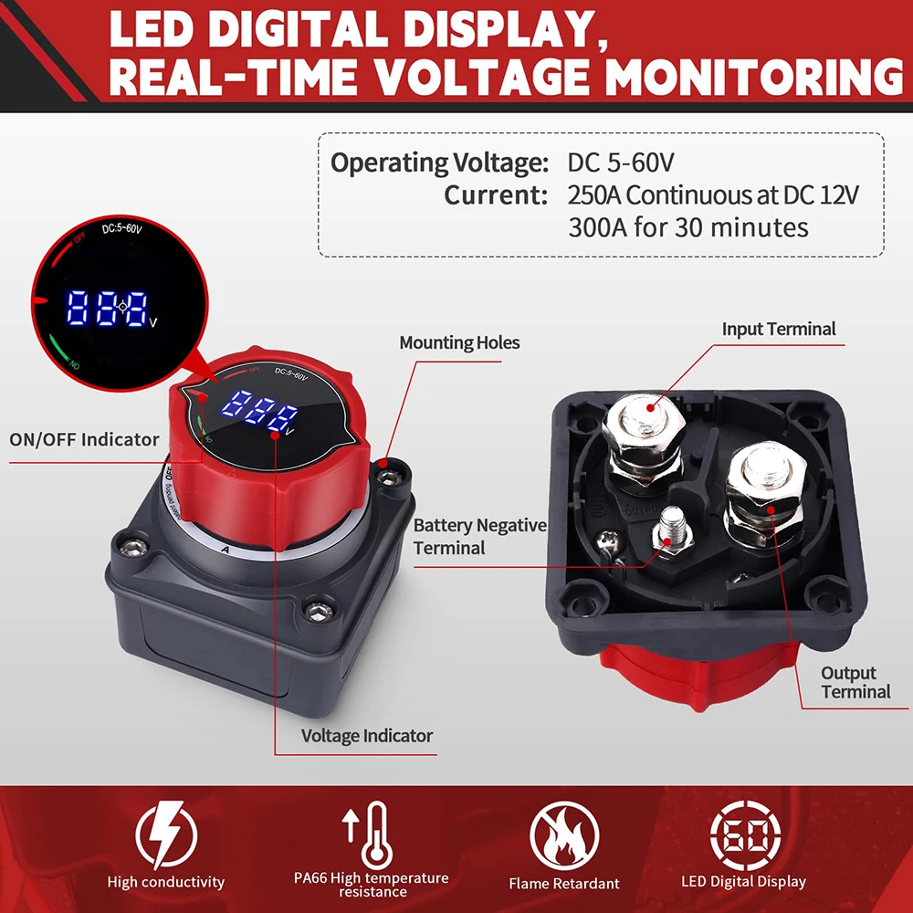 Battery Disconnect Switch with Voltmeter, DC 5-60V Master Isolator CutShut Off for Marine Boat Car Truck Camper RV (OnOff)