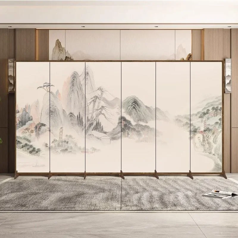 New Chinese Style Solid Wood Screen Double Sided Classical Landscape Folding Partition for Living Room Entrance Office Hotel