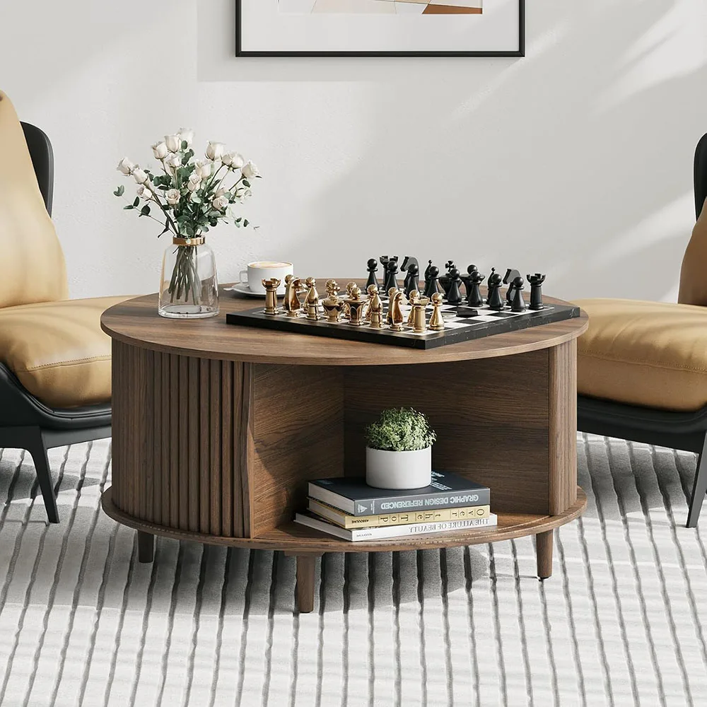 Modern luxury wooden coffee table with sliding cabinet door walnut small central table living room storage coffee table
