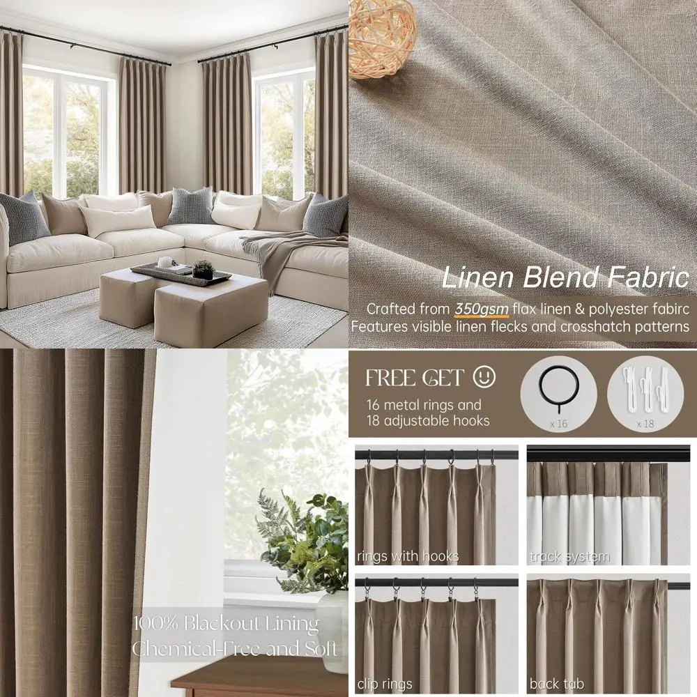 

96 Linen Blackout Curtains, Pinch Pleat, Rustic Brown, Thermal Insulated, 2-Panel Set with Hooks & Rings