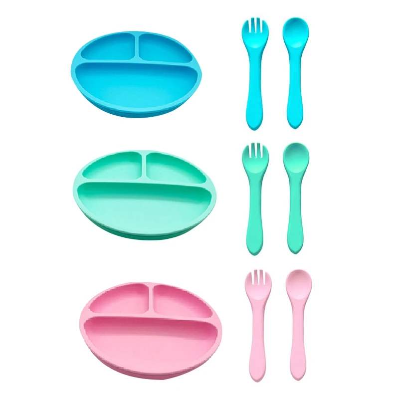 

Silicone Suction Plate For Babies/Toddlers Feeding Set Divided Plate Suction Design Forks + Spoons Included