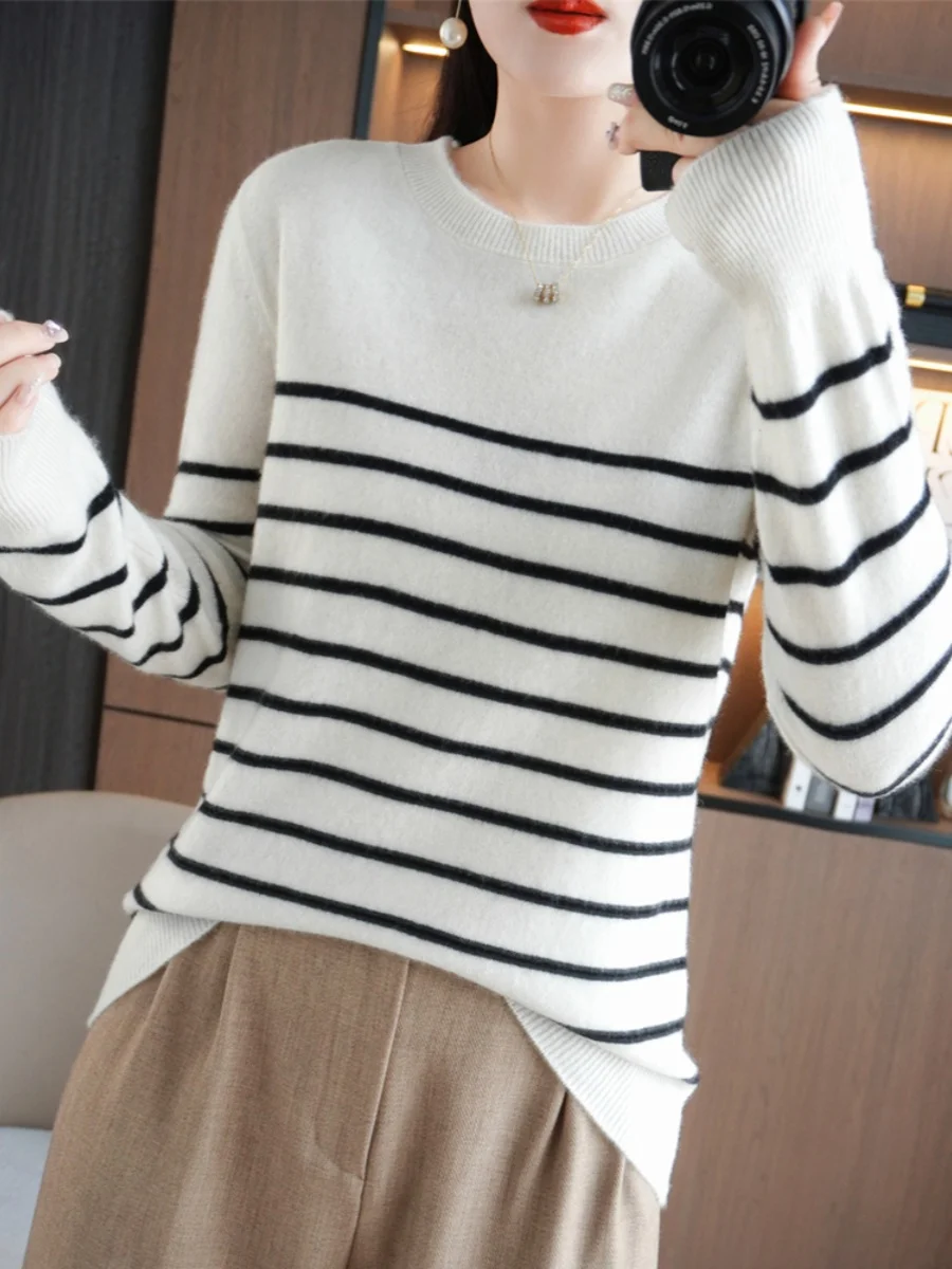 

Весенне-осенний женский свитер в полоску, свободный крой, круглый вырез, длинный рукав, большие размеры, шерстяная вязаная кофта, повседневный стиль