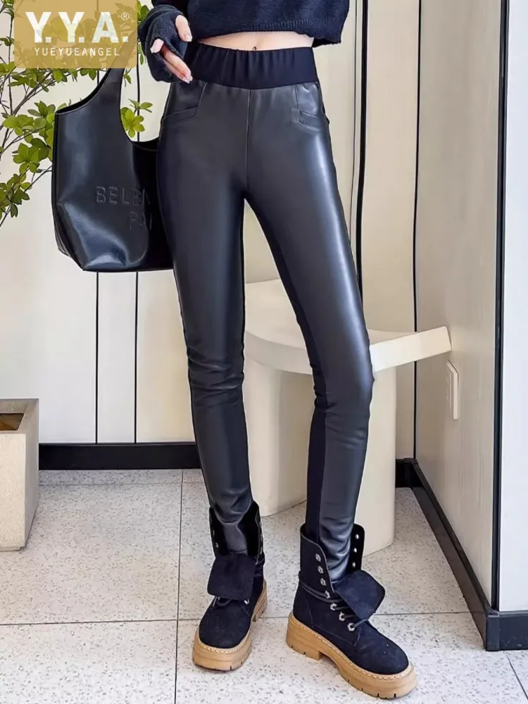 Kobiety kożuch prawdziwej skóry łączone spodnie ołówkowe wysokiej talii Slim Fit spodnie obcisłe kobiece buty Cut Streetwear długie spodnie
