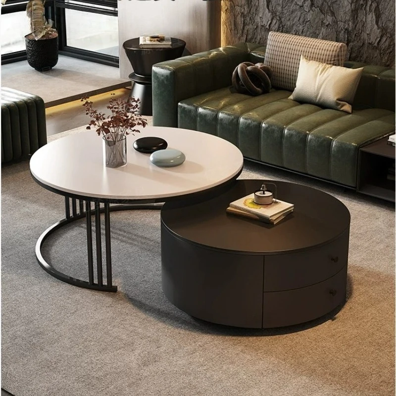 2026 New Light Luxury Modern Black Round Coffee Table Movable Rock Slab Design Simple Living Room Home Furniture