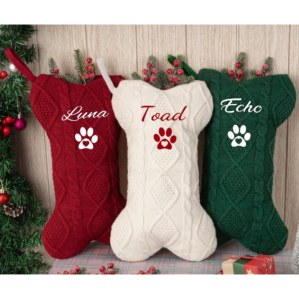 Personalized name Dog Bone Christmas Stockings Pet Holiday Stockings Knitted Custom Dog Stocking Christmas Gift Idea decor