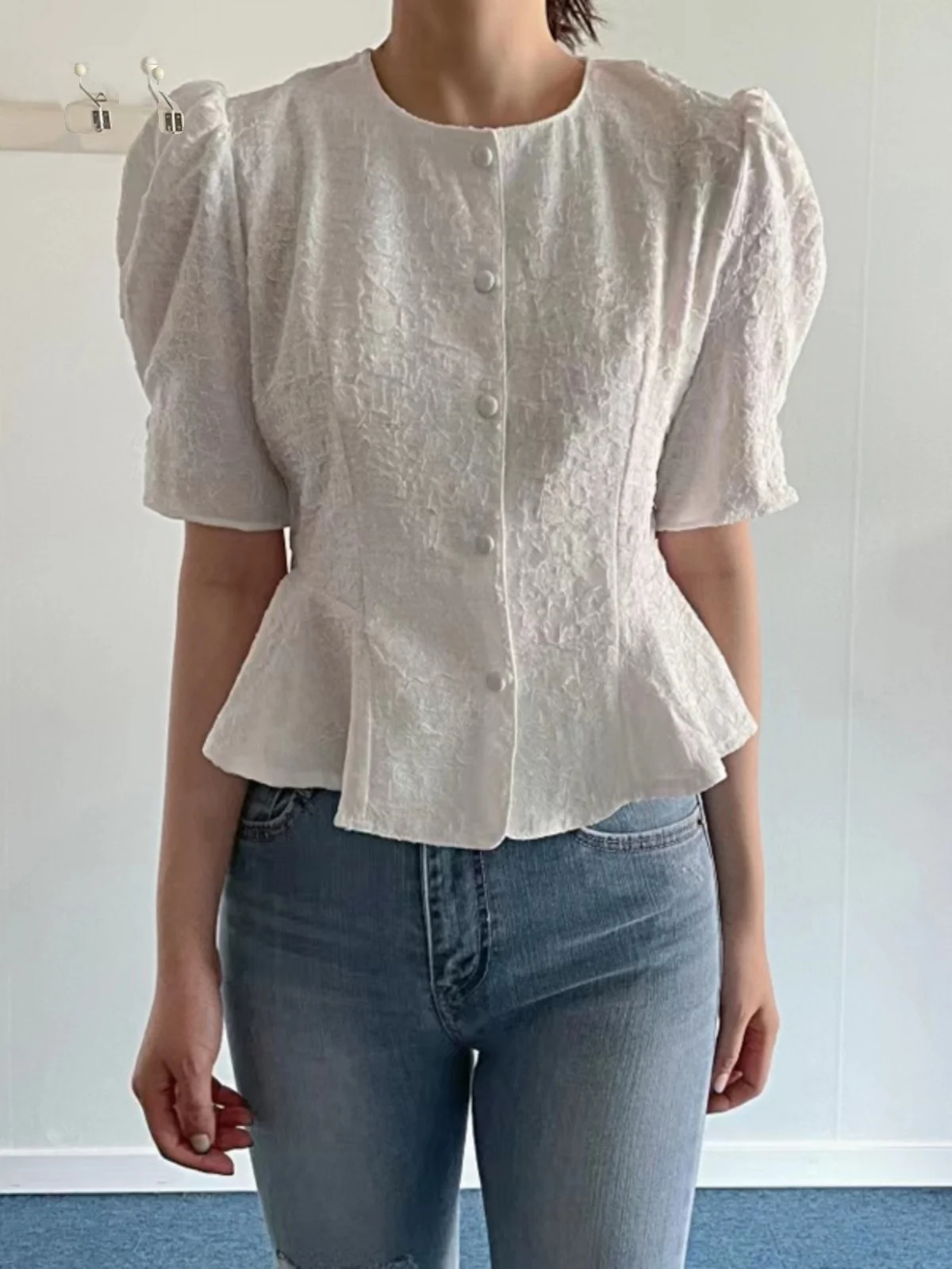 

Sweet Slimming ort Sve irt Women's Summer Chic Retro round Ne Waist-Cinching Bubble Sve ort Length Lace Blouse
