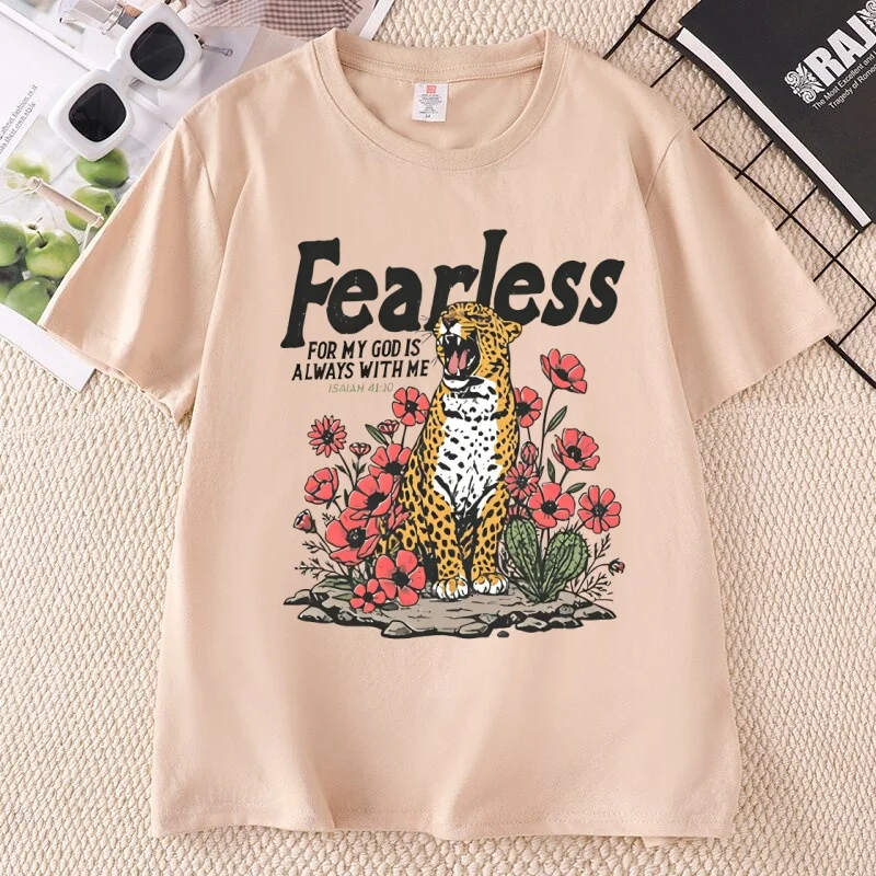 Fearless Bible Verse T-Shirt, Isaiah 41:10 Christian Tee Faith Leopard T Shirt Women Casual Cotton Short Sleeve Tshirts