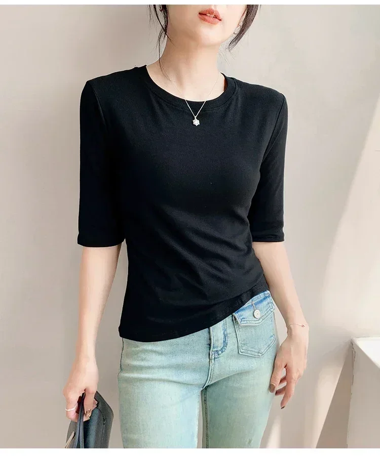 2026 Basic Einfarbiges Kurzarm-T-Shirt mit Rundhalsausschnitt, Eng Anliegend, Sommerliches Casual-Oberteil für Damen, Y2K Vintage Top, Harajuku Streetwear – Detail 8