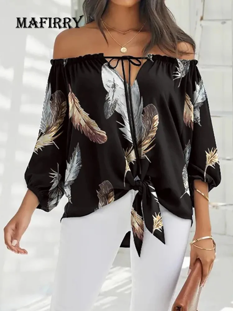 Women Long Sleeve Sexy Slash Neck Blouse 2022 Summer Casual Lacing Up Feather Printed Tops Elegant Female Backless Loose Shirt