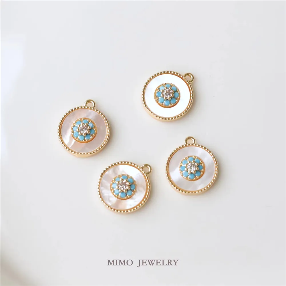 

1PCS Copper Plated with Real Gold, Simple and Elegant, Round Mother-of-pearl Imitation Turquoise Pendant DIY Handmade Accessory