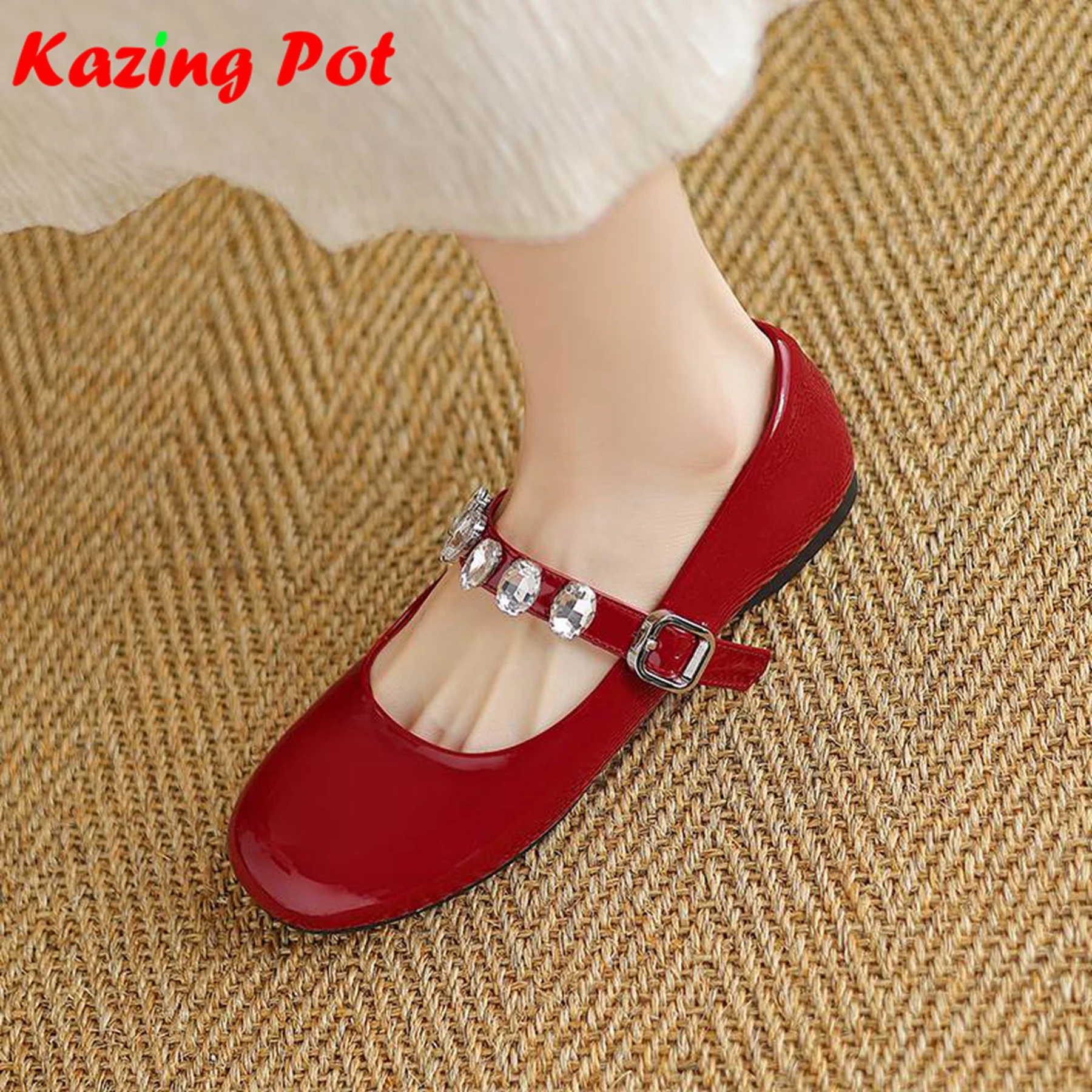 

Krazing Pot Fashion Cow Skin Round Toe Women Summer Modern Street Wear Mary Janes Ballet Dancer Shallow Crystal Diamond Flats
