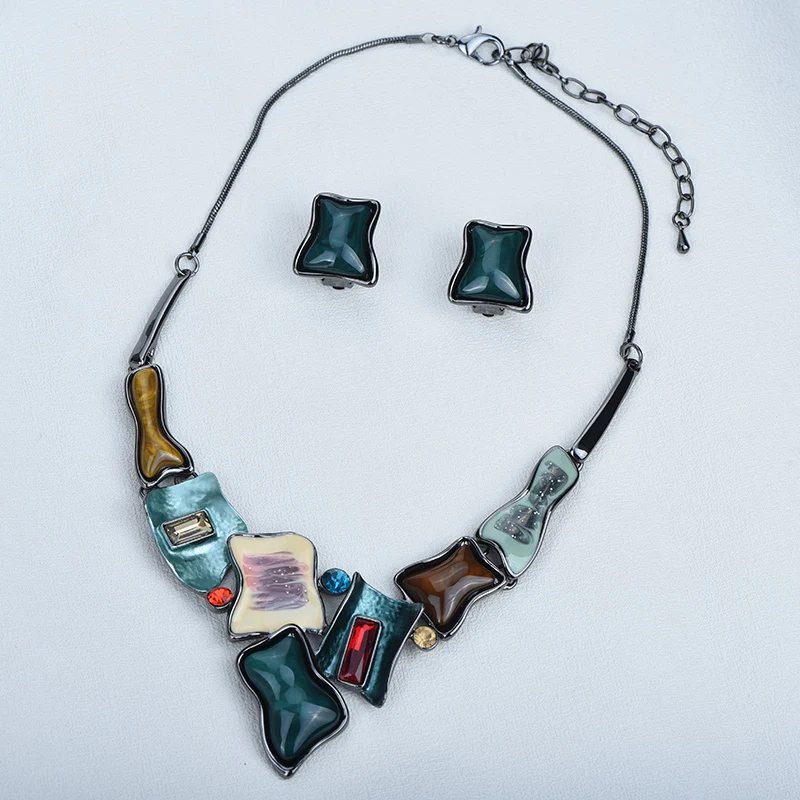 ICEYY Women Colorful Crystal  Square Statement Collar Necklace Clip On Earrings jewelry for women free shipping
