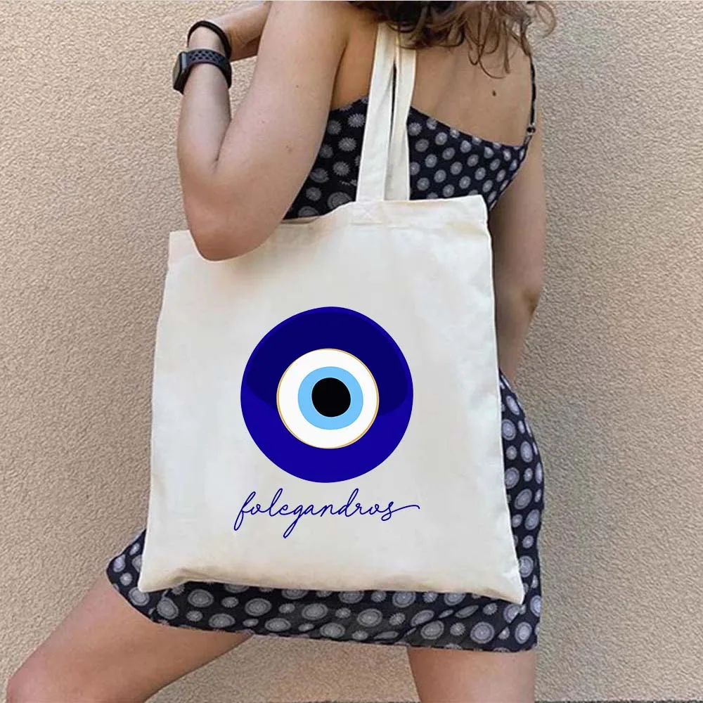 Psychedelic Evil Eye Blue Green Yellow Red Pink Colorful Women Canvas Shoulder Harajuku Handbags Totes Eco Shopper Shopping Bags