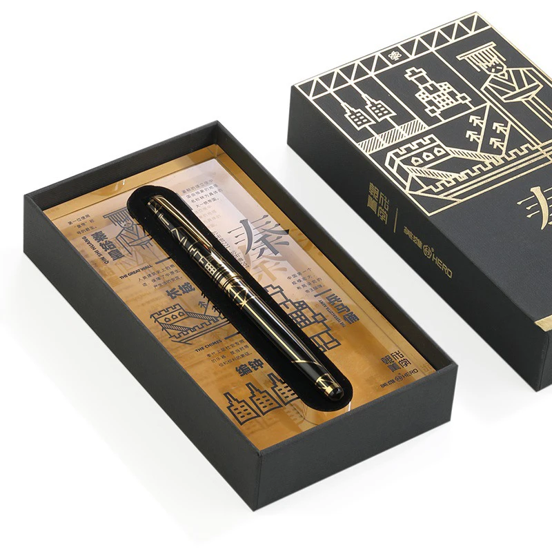 Imagem -06 - Herói 100 14k Gold Nib Totalmente Metal Dynasty Series Qin Fine Nib 0.5 mm Fountain Pen Preto Autêntico & Golden Writing Gift Set