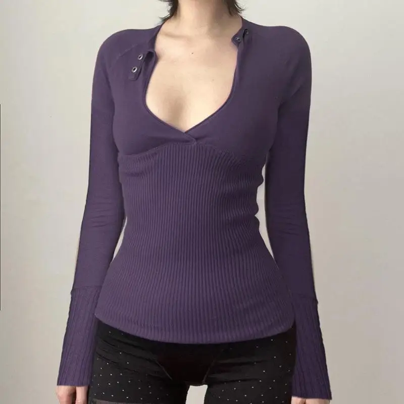 المرأة العميق الخامس الجوف خارج كم طويل سترة علوية بلون بلوفر مغزول Y2K موضة أنيقة الأساسية لخريف شتاء