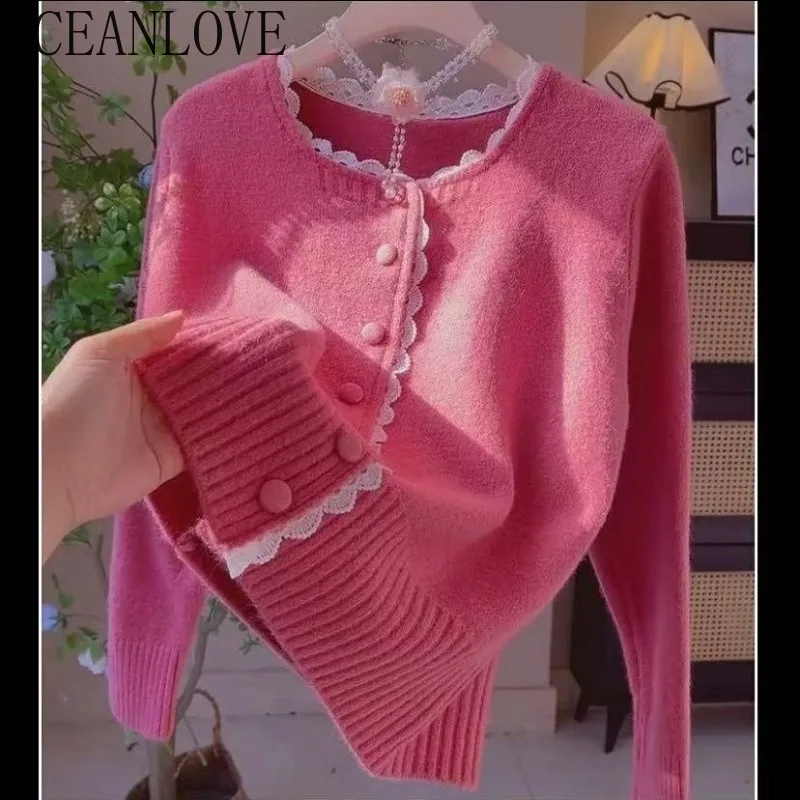 

OCEANLOVE кружевные кардиганы с оборками, милые однотонные осенне-зимние элегантные женские свитера, корейская мода, шикарные Sueteres Mujer