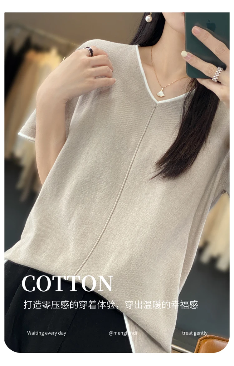 100% Cotton T-Shirt Women's V-Neck Pullover Short Sleeve Summer New Casual Knitting Loose Top Fashion Color Contrast T-Shirt