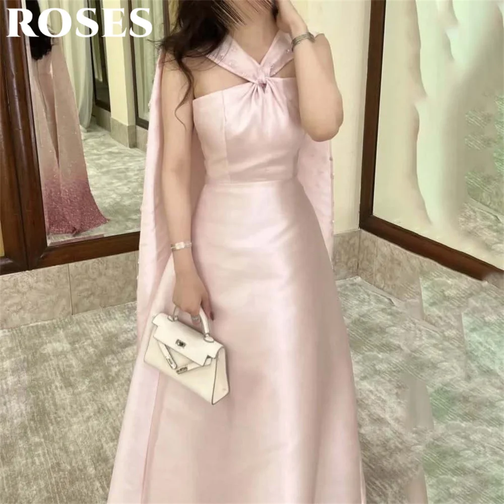 

ROSES Simple Pink A-Line Prom Dress Celebrity Dress V-Neck Women's Evening Dress Satin Saudi Arabia Formal Gowns Customized