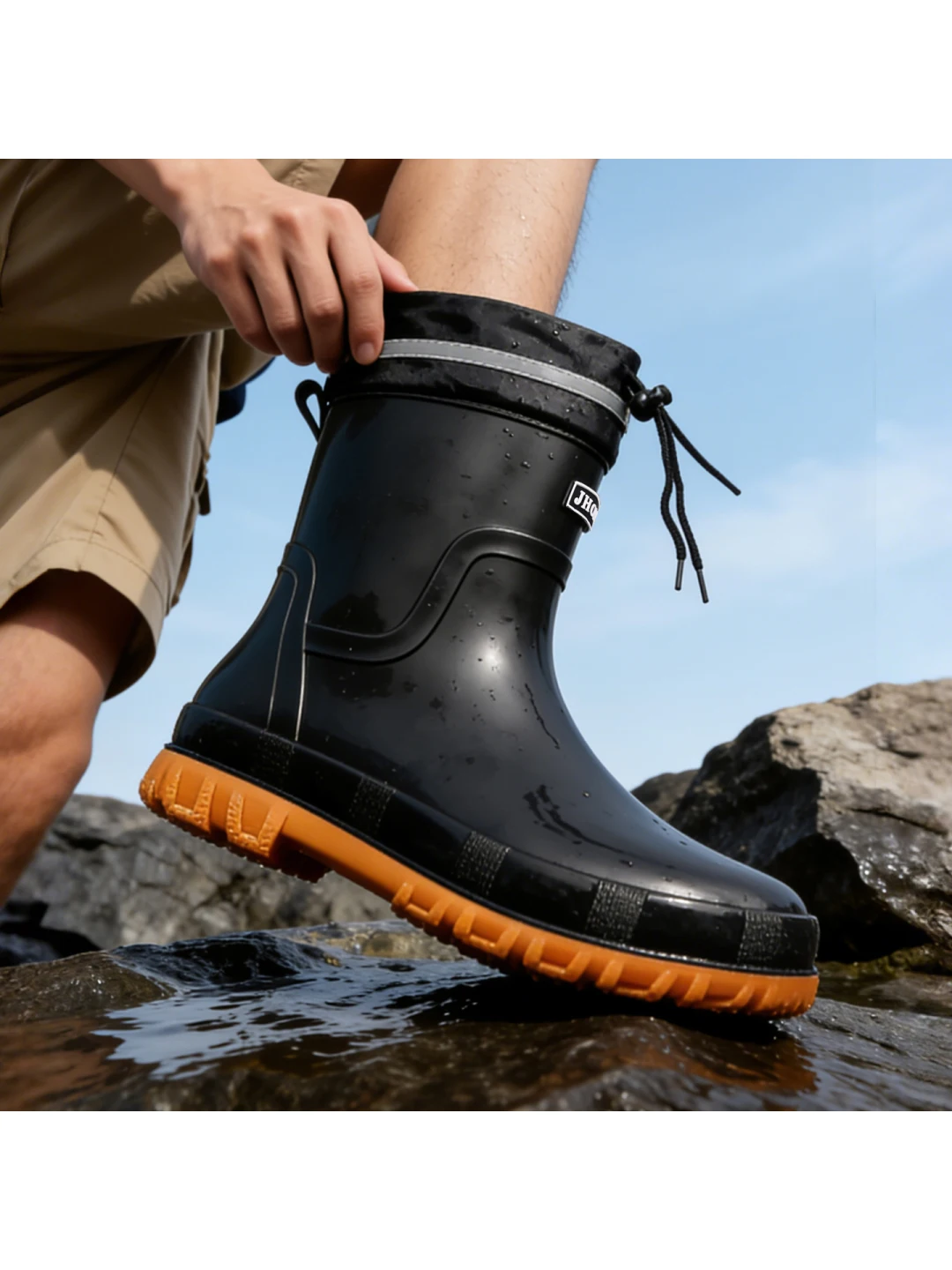 Outdoor Thickened Rubber Boots Black Bull Tendon Bottom Fashionable Waterproof Night Reflective Strip Handmade Knot Windproof