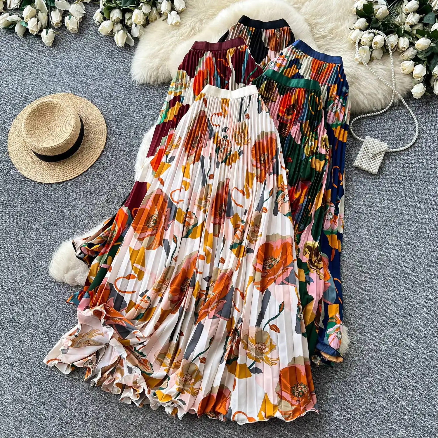Vacation Style Floral Boho Pleated Long Skirts Women 2026 Summer High Waist Casual A-line Maxi Skirt