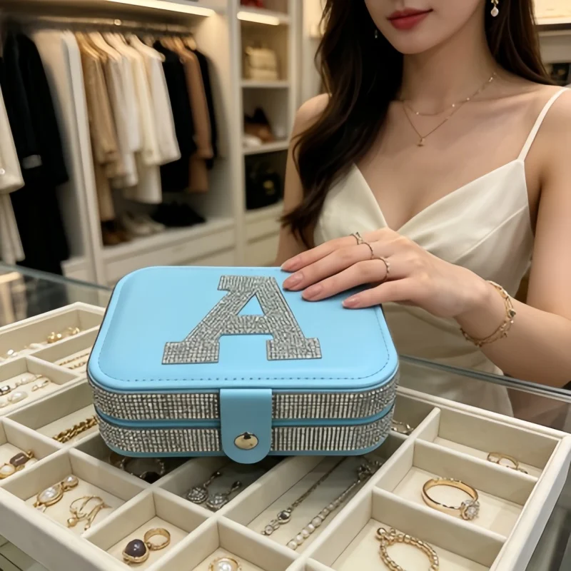 

Luxury Rhinestone Blue PU Leather Jewelry Box 2Pcs Set, Large Capacity Portable Travel Organizer for Women Jewelry Storage Gift