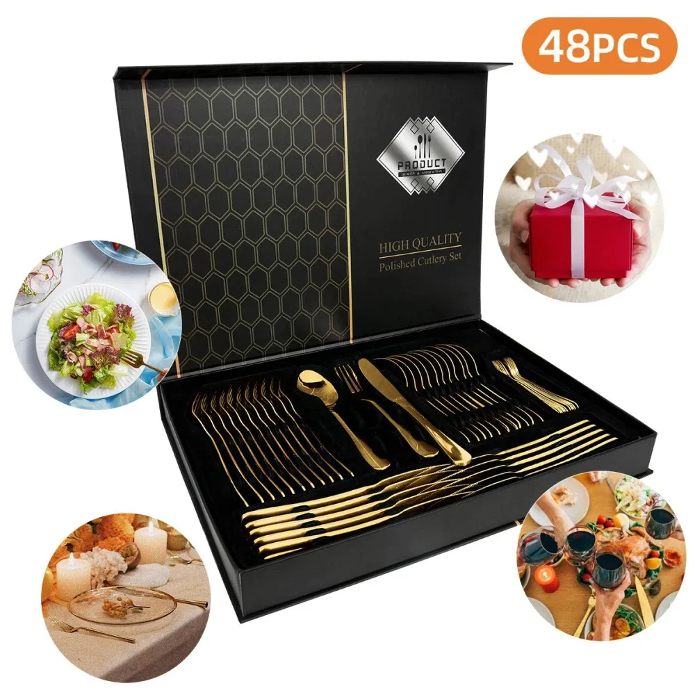 Set di posate in acciaio inossidabile in stile western, set completo di alta qualità per uso domestico, set di posate da 48 pezzi per 12 persone, set di posate con confezione regalo, design lucidato a
