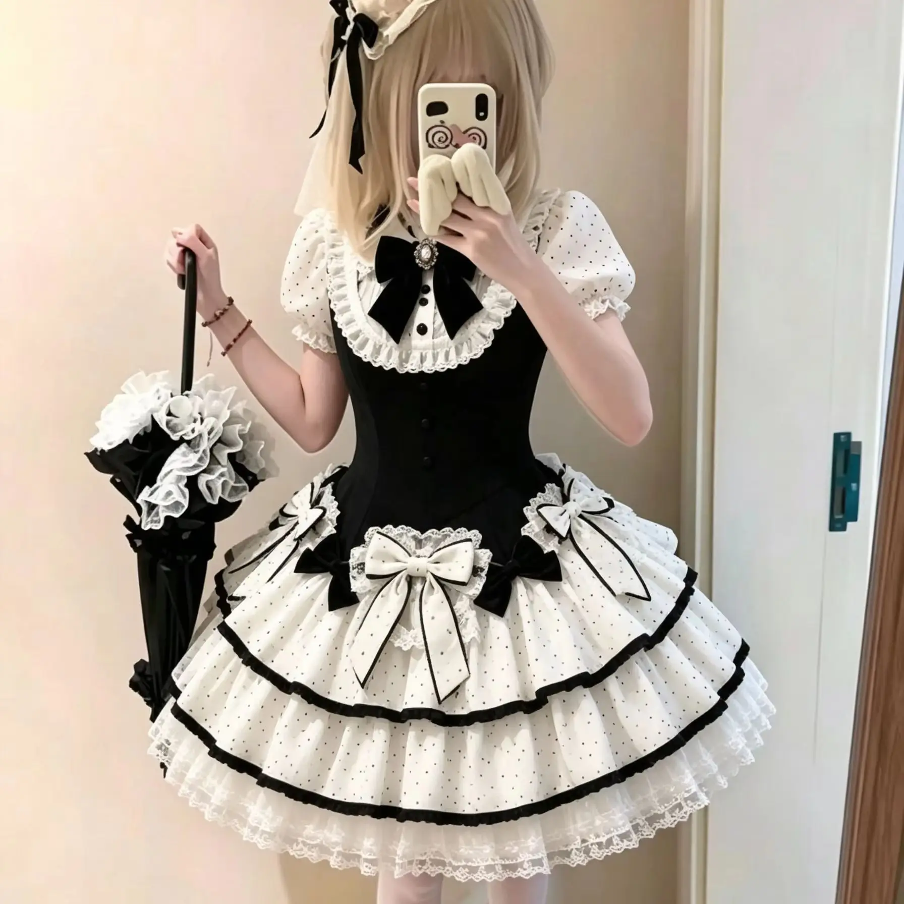 Japanese Gothic Sweet Lolita Dress Ladies Lace Frill Bow A-line Mini Skirt Kawaii Daily Party Festival Cosplay Girl Outfit