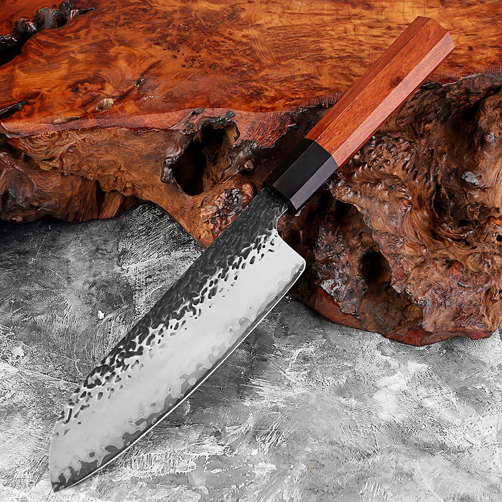 

7 Inch Santoku Knife Triple-layer Composite Steel Sharp Japanese Kitchen Knife for Meat and Vegetables Octagonal Wooden Handle