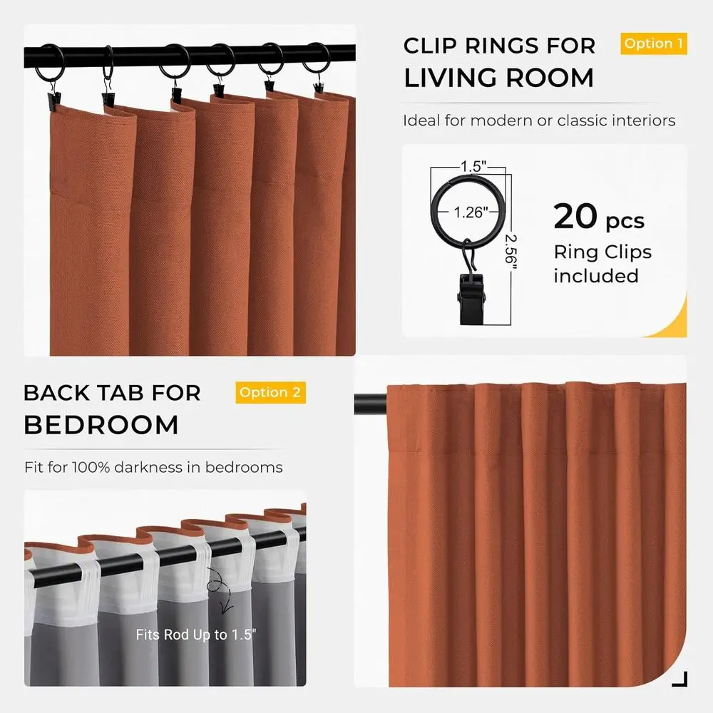 Rideaux occultants isolés thermiques orange 50 x 96 pouces pour chambre à coucher, ensemble de 2 panneaux avec anneaux à clips