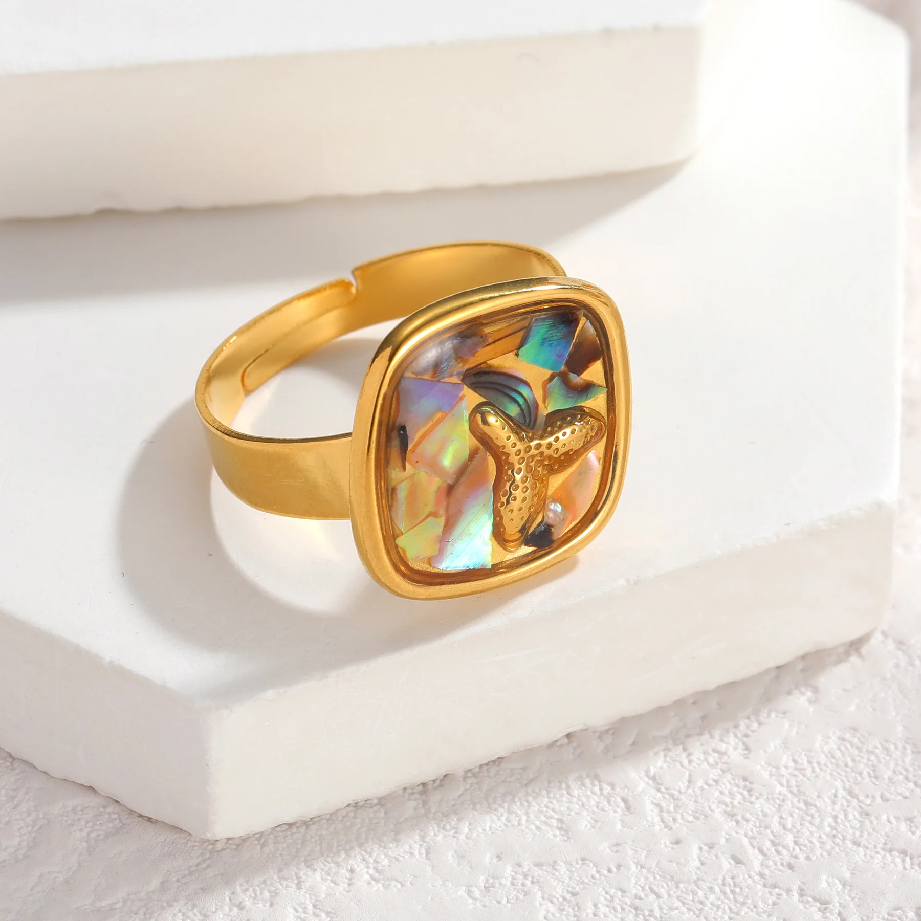 Anillo Ajustable de Acero Inoxidable con Incrustaciones de Concha de Abulón Irregular Vintage 365, Forma de Estrella de Mar, para Mujer, Joyería de Moda, Regalos
