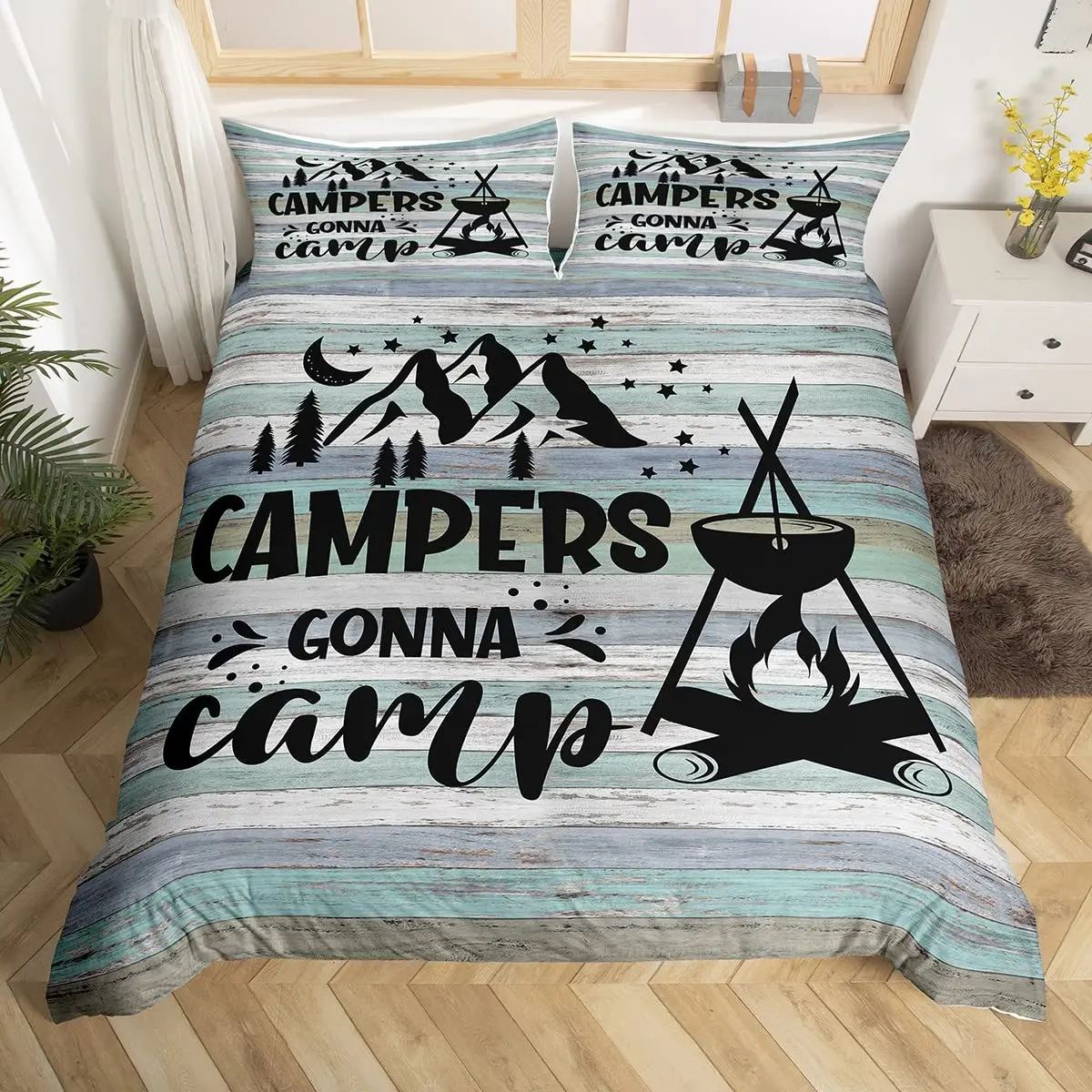 Rustic Farmhouse Style Duvet Cover Old Barn Door Comforter Cover Polyester Happy Camper Print Black Sketch Drawing Quilt Cover