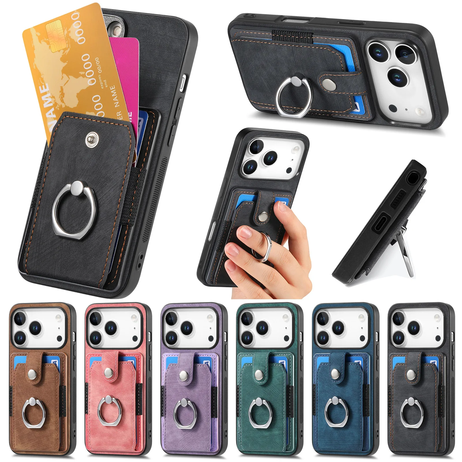 Ringkartenhalter Brieftasche Schutzhülle aus Leder für Apple IPhone 17 Pro Max 16 Plus 15 14 13 12 11 Air 16E Handyhülle