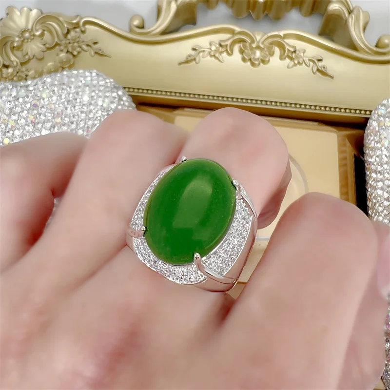 Luxury Stones Jade Egg Shaped Ring For Men Jewelry Fashion 925 Sterling Silver Ring Open Size Male Cool Finger Accessories