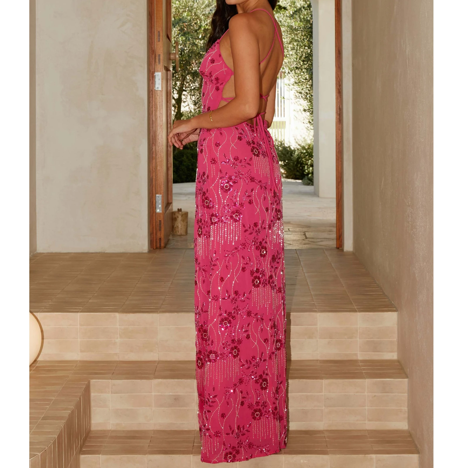 여성 롱 드레스 스팽글 꽃 자수 민소매 캐미 드레스 해변 휴가 야외 파티 데일리웨어 야외 streetwear