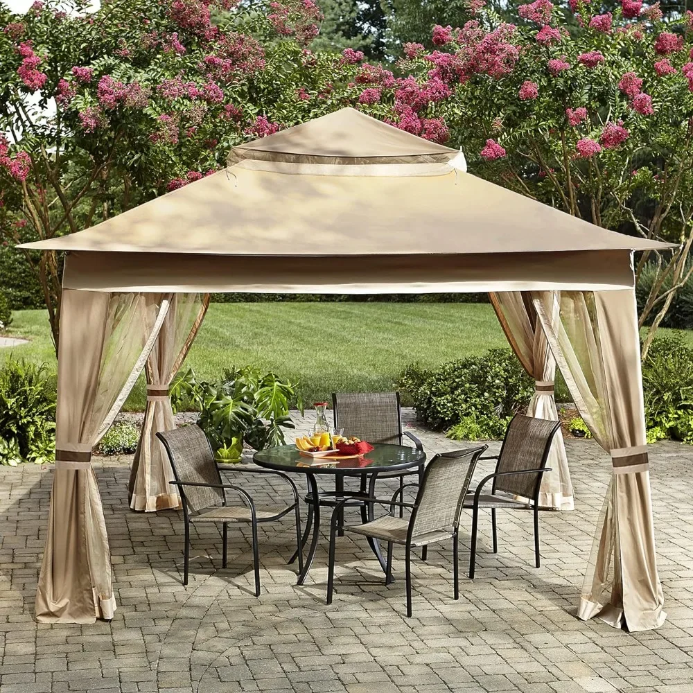 Outdoor Garden Awning Patio Gazebo Outdoor Pop Up Gazebo with Mesh Walls (13x13 Khaki) Canopy Tent Waterproof Decor Terrace Home