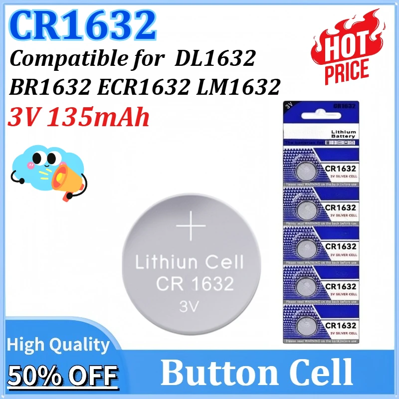 

New 5PCS-100PCS CR1632 3V 135mAh Button Battery for DL1632 BR1632 ECR1632 LM1632 Coin Cell for Toys Car Key Remote Watch Clock