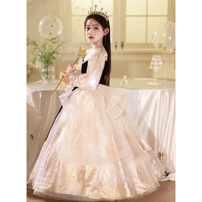 Girls' Spring and Autumn Flower Wedding Little Girl Birthday Princess Children's Host Piano Performance Dress