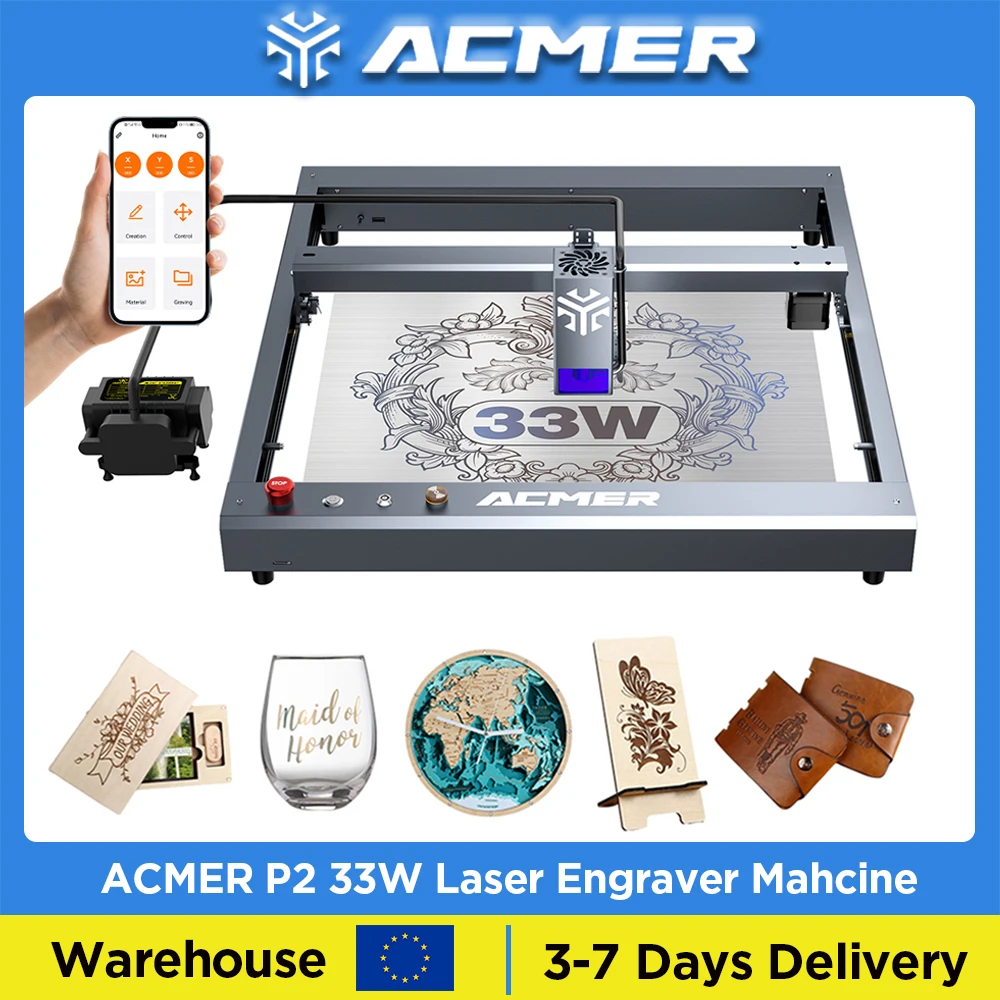 

ACMER 33W 20W 10W Laser Engraver Cut Machine with Air Assist Child Lock Industrial Rail CNC laser blue Light Woodworking