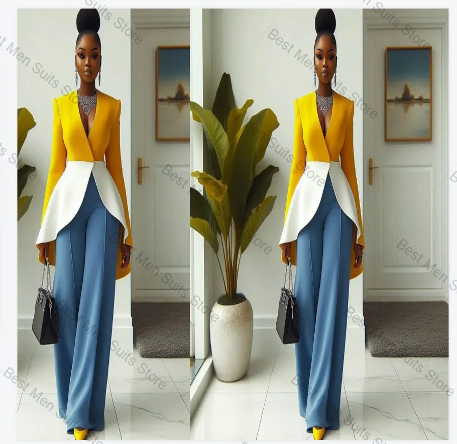 Yellow White Blue Women Suit Pants Set 2 Pcs Blazer+Trousers Splicing Colors Formal Office Jacket Customized Wedding Prom Coat