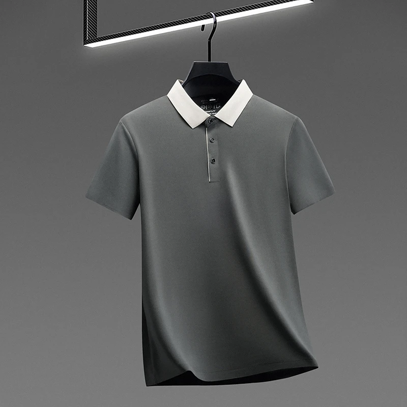 Herren-Poloshirt mit Farbblock-Kragen, schnelltrocknend, atmungsaktives Material, Kurzarm, Reverskragen, für Business und Freizeit. – Detail 11