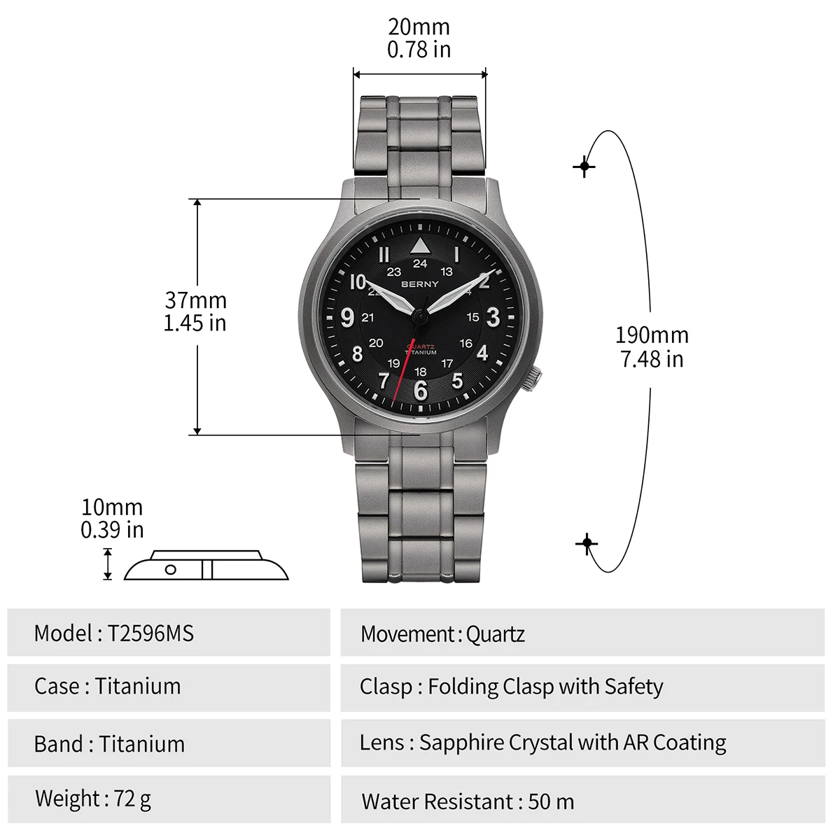 BERNY Full Titanium Watches for Men Outdoor Quartz Men's Field Wristwatch Super Luminous Sapphire Easy Read Watch