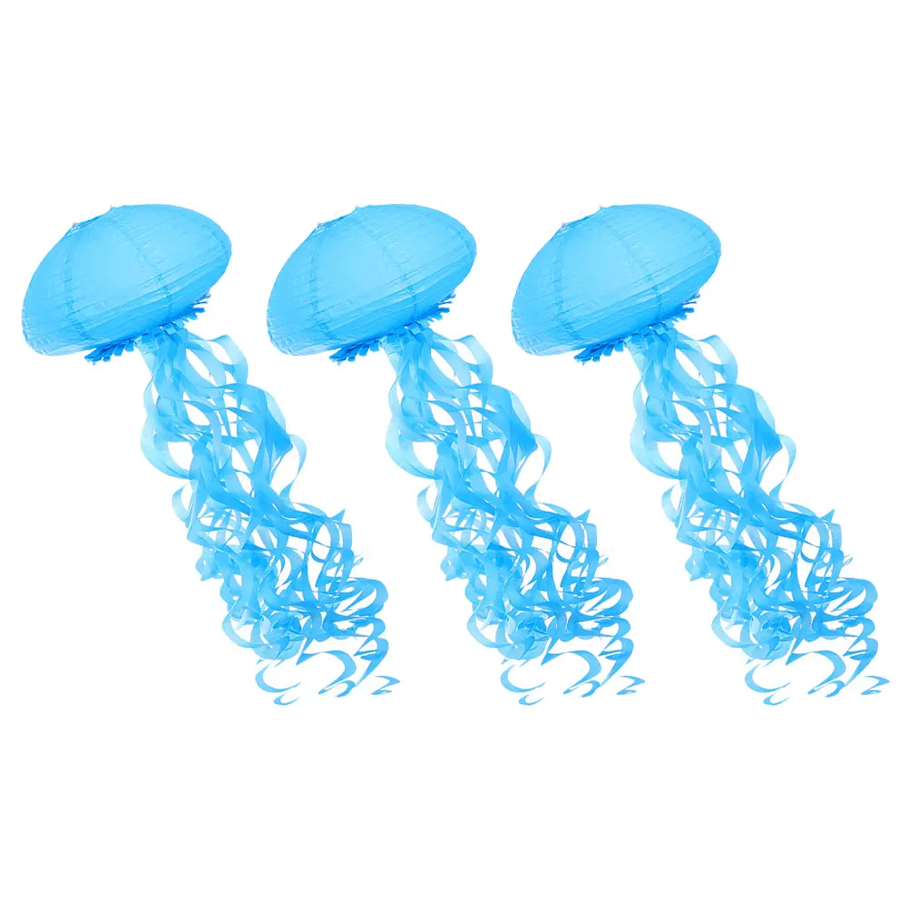

3pcs Short Paper Jellyfish Lanterns Blue Hanging Decorations for Party Decor Gradient Color Ocean Theme