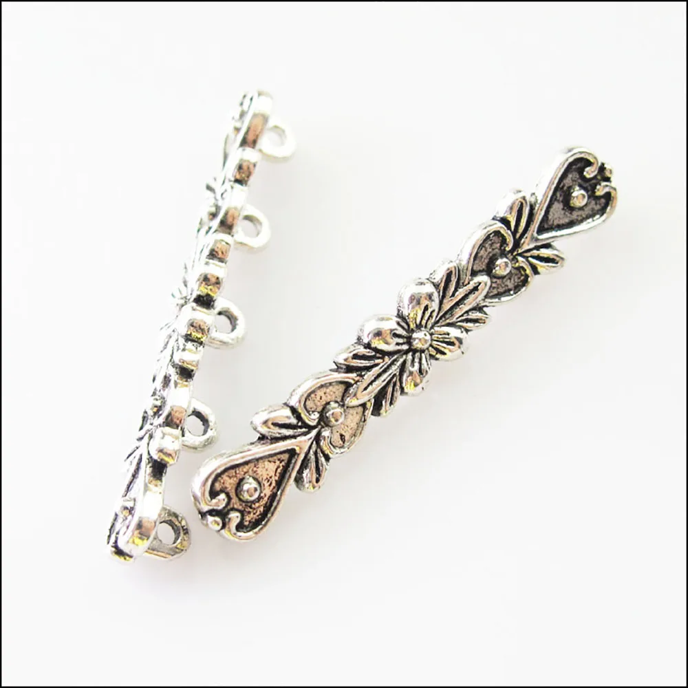 12Pcs Tibetan Silver 5 Hole Flower Heart Spacer Bar Beads Connectors Charms 6.5x36mm