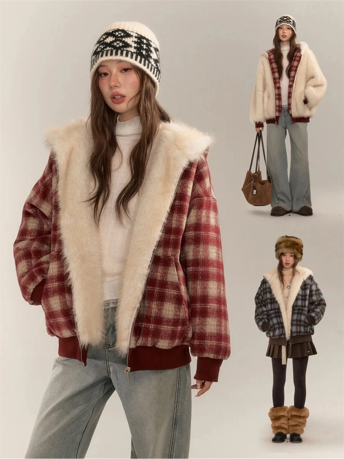 

Двусторонняя винтажная утепленная флисовая шуба в клетку Cisas AsGony Initial Snow Gift для женщин, верхняя одежда для повседневной носки