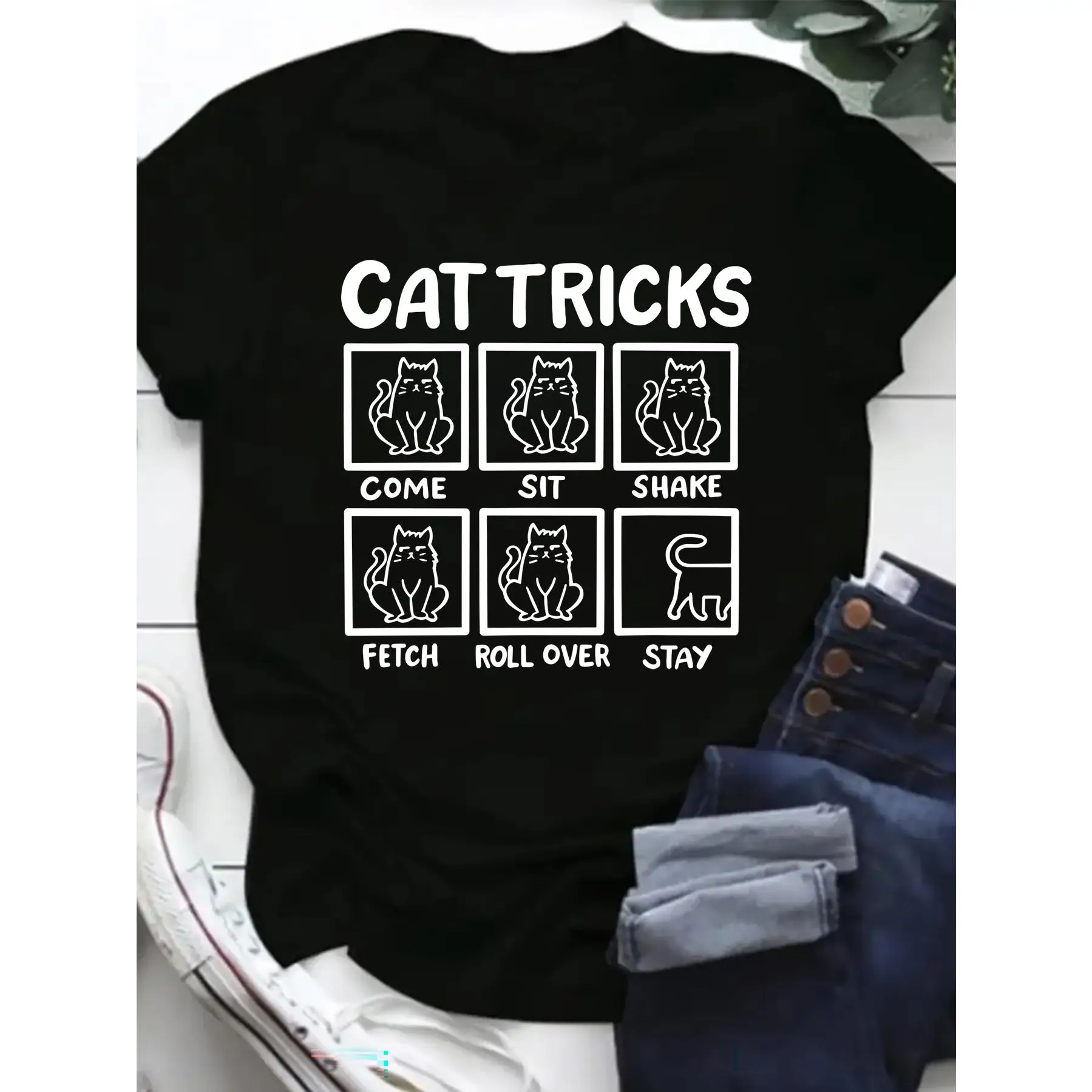

Soft & Stretchy Cat Tricks Graphic Tee - Women'S Casual Summer Top, Crew Neck, Short Sleeve,Machine Washable, Cat Shirt