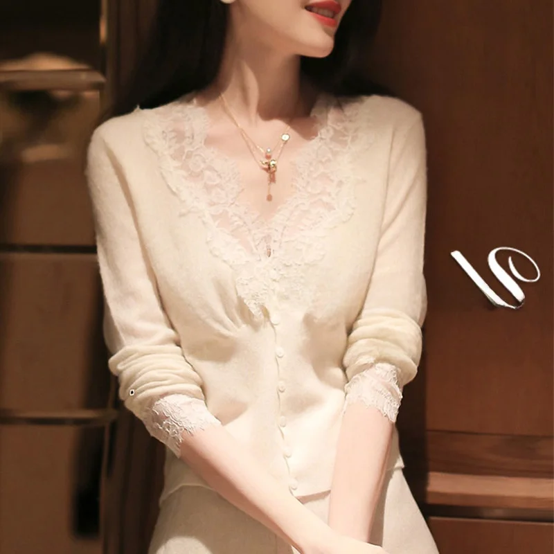 

Утягивающий кружевной лоскутный вязаный базовый топ в Корейском стиле, свободный крой, шерстяной топ V-Ne Long Sve Regular Thin