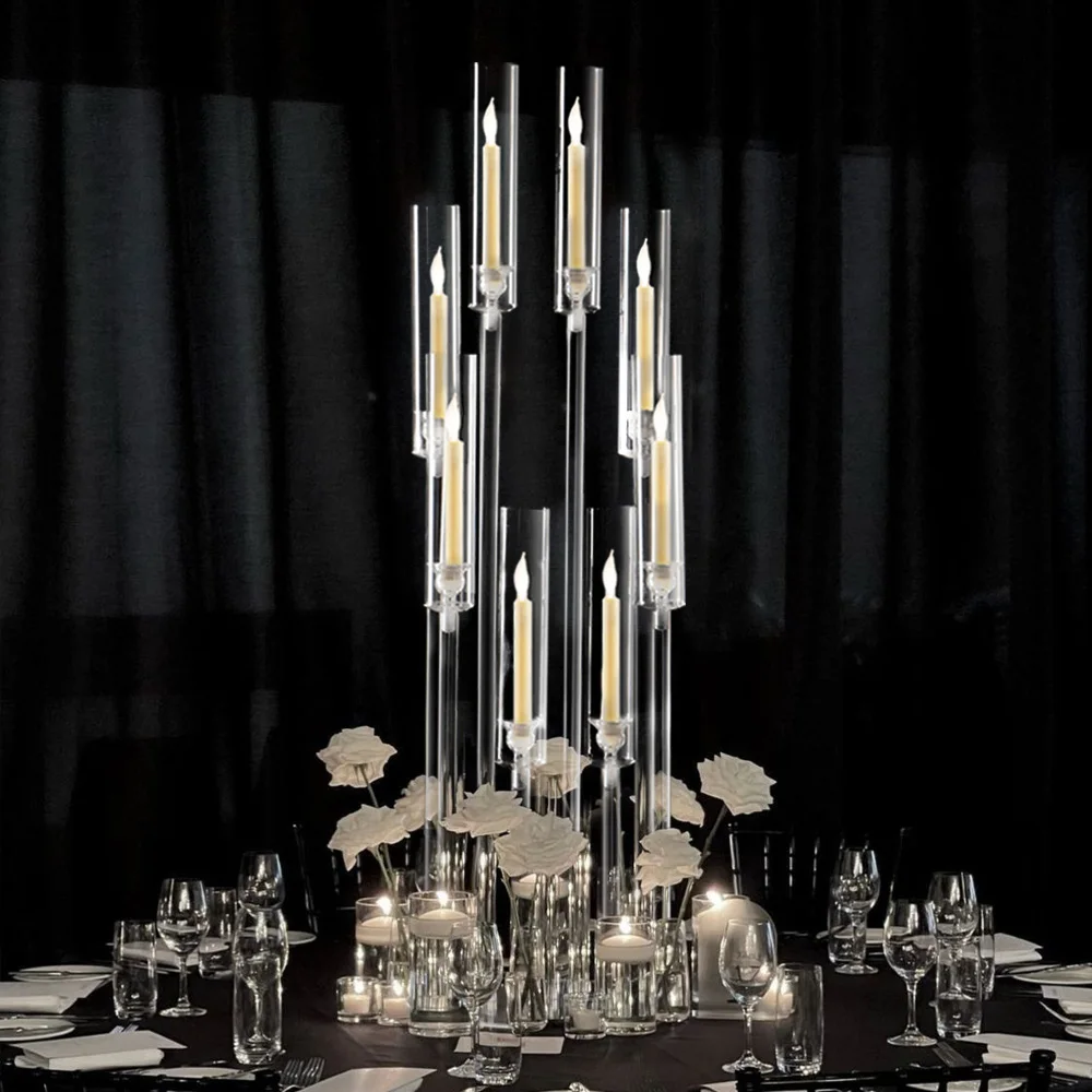 Candle Holder Acrylic Candlestick with Shade for Wedding Table Dinner Party Decorations 4PCS 8-Arms Clear Candelabra